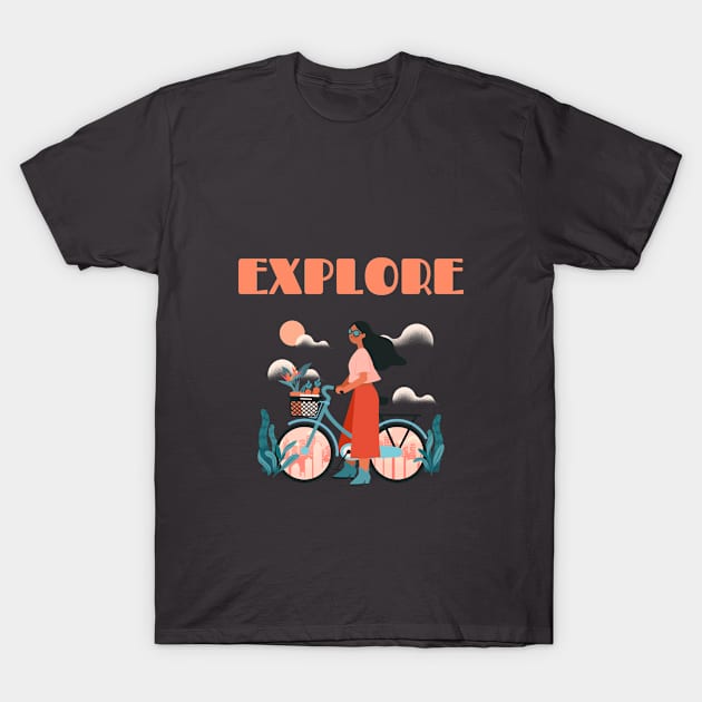 Explore - Woman on Bicycle T-Shirt by Batcat Apparel